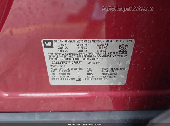 3GKALTEX7JL260357 2018 GMC TERRAIN Maroon ძრავის განყოფილების ხედი