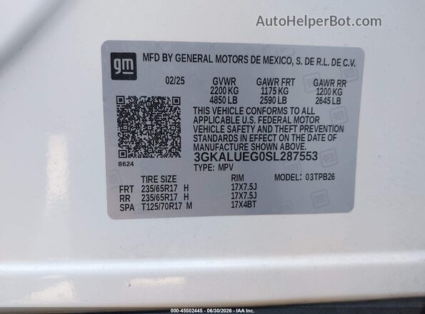 3GKALUEG0SL287553 2025 GMC TERRAIN White Engine compartment view