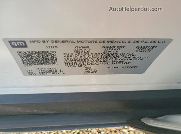 3GKALUEG4TL345102 2026 GMC TERRAIN White Вид наклейки з VIN-кодом
