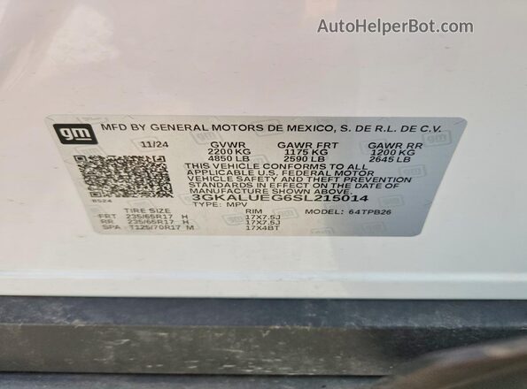 3GKALUEG6SL215014 2025 GMC TERRAIN Белый Вид наклейки с VIN-кодом