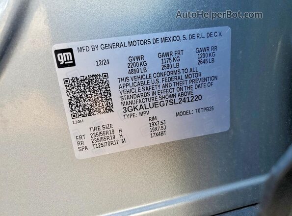 3GKALUEG7SL241220 2025 GMC TERRAIN Silver Вид наклейки з VIN-кодом