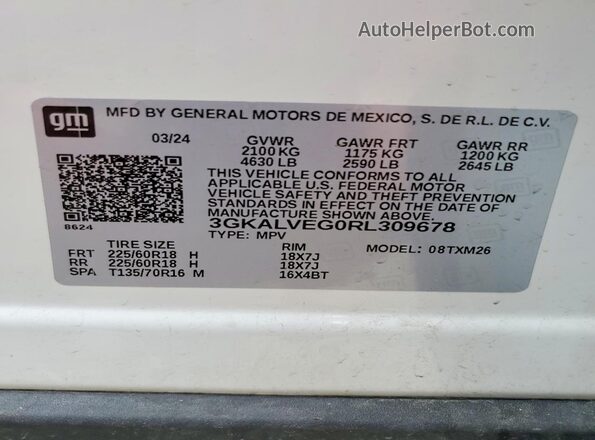 3GKALVEG0RL309678 2024 GMC TERRAIN White Vista de la etiqueta del VIN