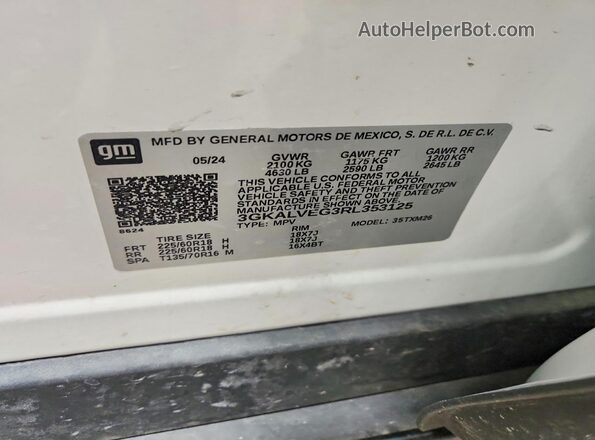 3GKALVEG3RL353125 2024 GMC TERRAIN White VIN կոդի պիտակի տեսք