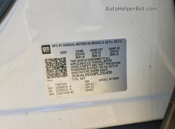 3GKALVEG5PL231430 2023 GMC TERRAIN White VIN კოდის სტიკერის ხედი