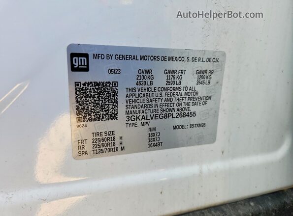 3GKALVEG8PL268455 2023 GMC TERRAIN White Вид наклейки з VIN-кодом