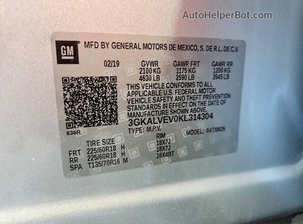 3GKALVEV0KL314304 2019 GMC TERRAIN Silver Widok naklejki z numerem VIN