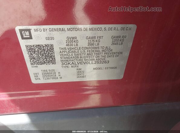 3GKALVEV0LL253263 2020 GMC TERRAIN Red Вид підкапотного простору