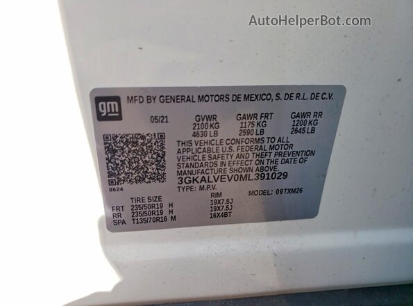 3GKALVEV0ML391029 2021 GMC TERRAIN White Widok wnętrza 360 stopni