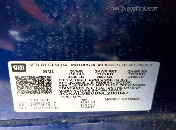 3GKALVEV0NL200047 2022 GMC TERRAIN Синий Вид наклейки с VIN-кодом