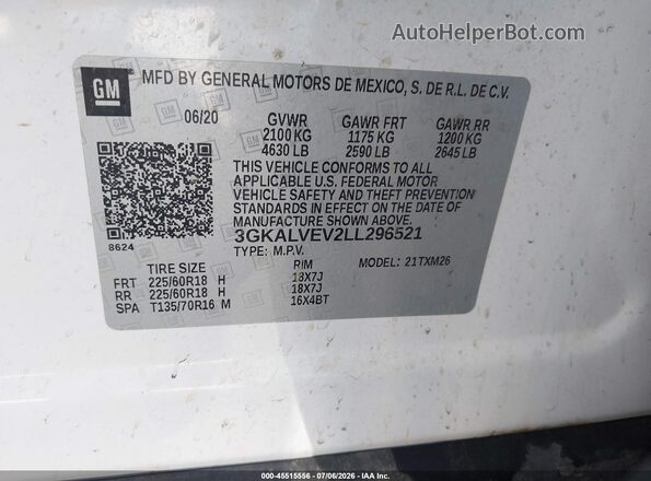 3GKALVEV2LL296521 2020 GMC TERRAIN White Vista del compartimento del motor
