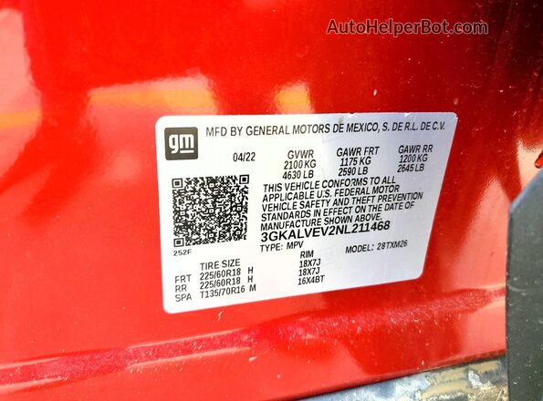 3GKALVEV2NL211468 2022 GMC TERRAIN Red Vista de la etiqueta del VIN