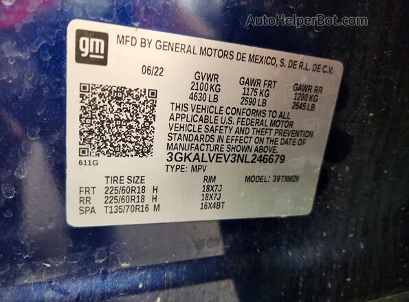 3GKALVEV3NL246679 2022 GMC TERRAIN Blue Widok naklejki z numerem VIN