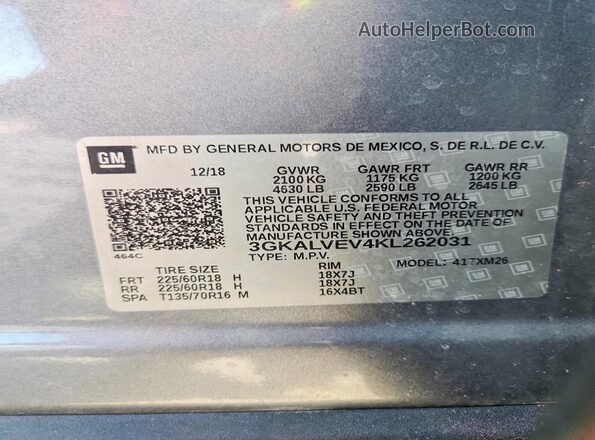 3GKALVEV4KL262031 2019 GMC TERRAIN Gray ძრავის განყოფილების ხედი