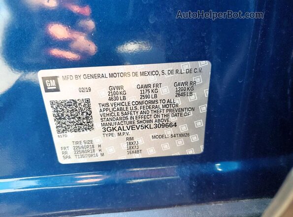3GKALVEV5KL309664 2019 GMC TERRAIN Blue Вид наклейки з VIN-кодом