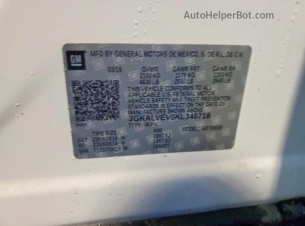 3GKALVEV6KL345718 2019 GMC TERRAIN White Widok naklejki z numerem VIN
