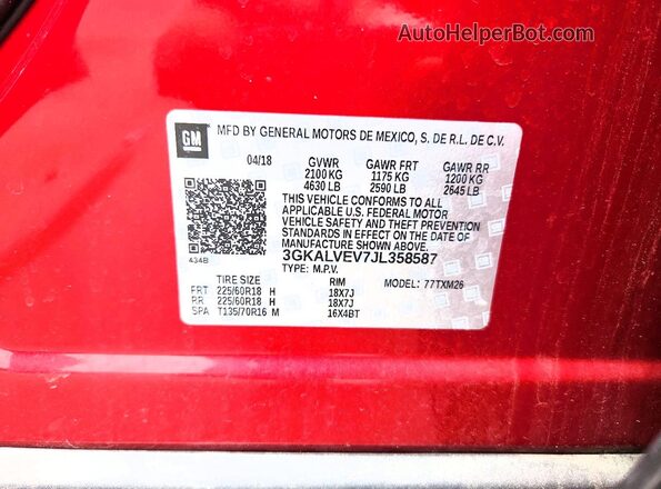 3GKALVEV7JL358587 2018 GMC TERRAIN Red VIN კოდის სტიკერის ხედი