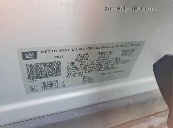 3GKALVEV7KL175594 2019 GMC TERRAIN Silver Widok naklejki z numerem VIN