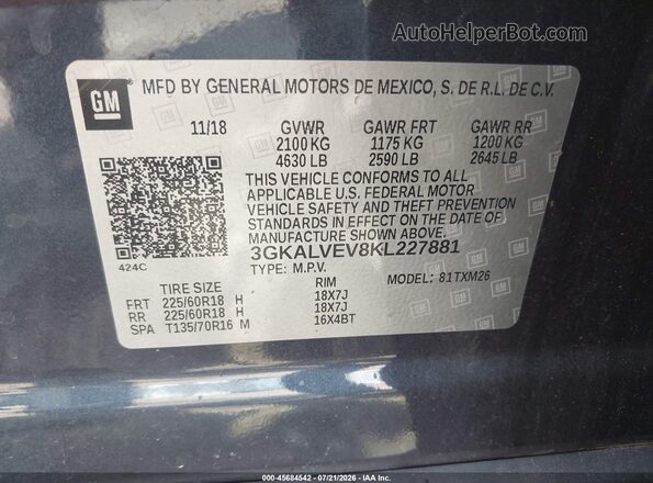 3GKALVEV8KL227881 2019 GMC TERRAIN Blue Շարժիչի բաժամունքի տեսք