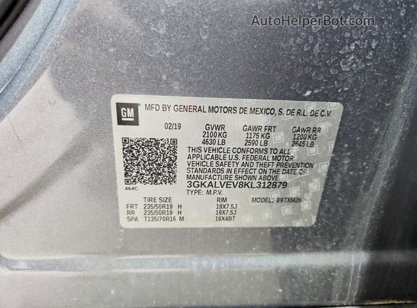 3GKALVEV8KL312879 2019 GMC TERRAIN Silver Widok naklejki z numerem VIN