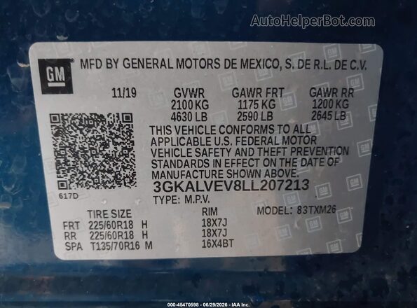 3GKALVEV8LL207213 2020 GMC TERRAIN Blue ძრავის განყოფილების ხედი