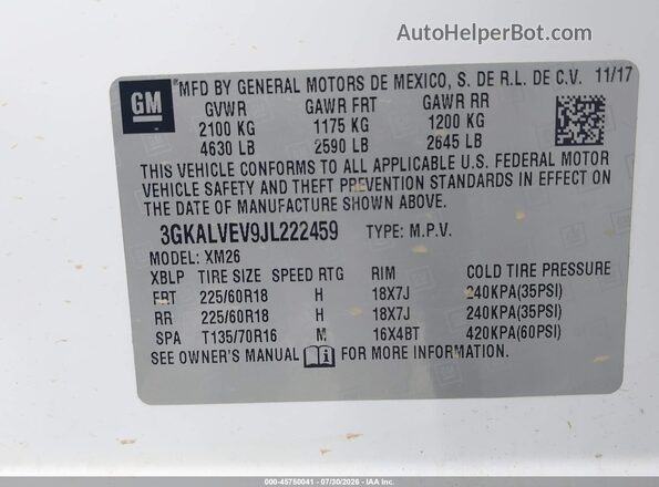 3GKALVEV9JL222459 2018 GMC TERRAIN White Շարժիչի բաժամունքի տեսք