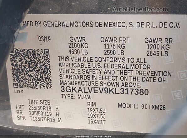 3GKALVEV9KL317380 2019 GMC TERRAIN Gray Widok komory silnika