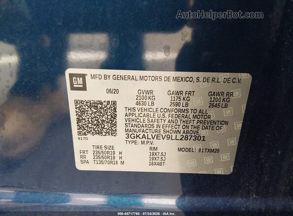3GKALVEV9LL287301 2020 GMC TERRAIN Blue Engine compartment view