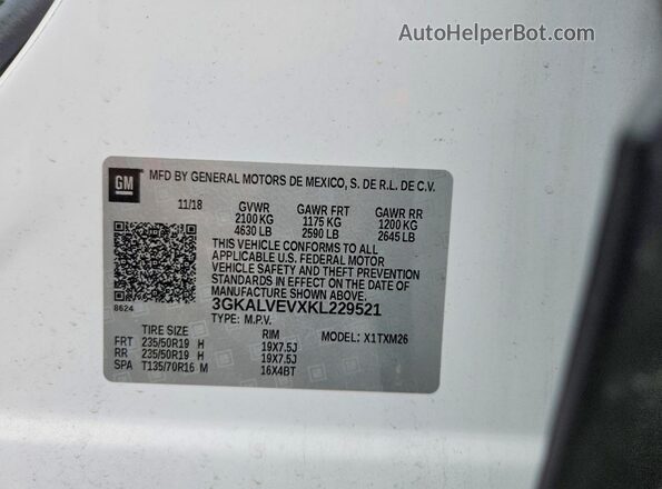 3GKALVEVXKL229521 2019 GMC TERRAIN White VIN კოდის სტიკერის ხედი