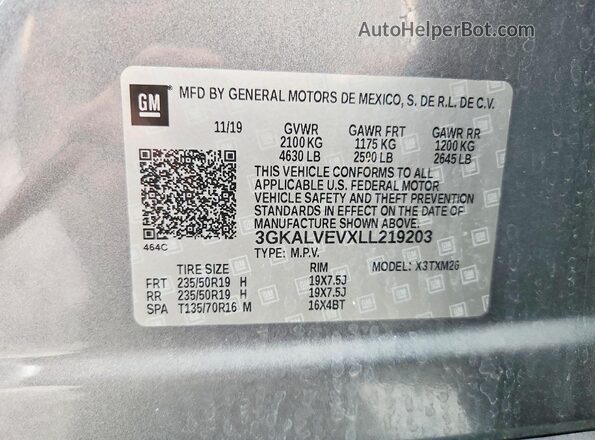 3GKALVEVXLL219203 2020 GMC TERRAIN Серый Вид наклейки с VIN-кодом