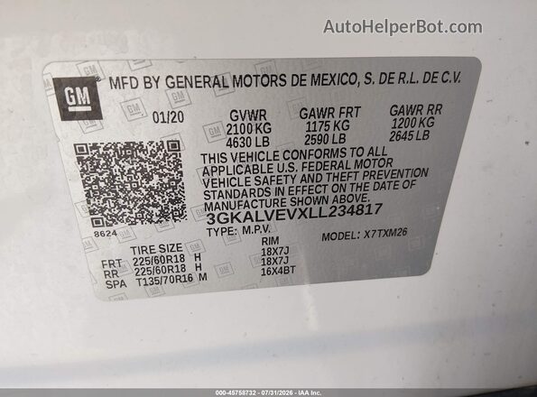 3GKALVEVXLL234817 2020 GMC TERRAIN White Vista del compartimento del motor