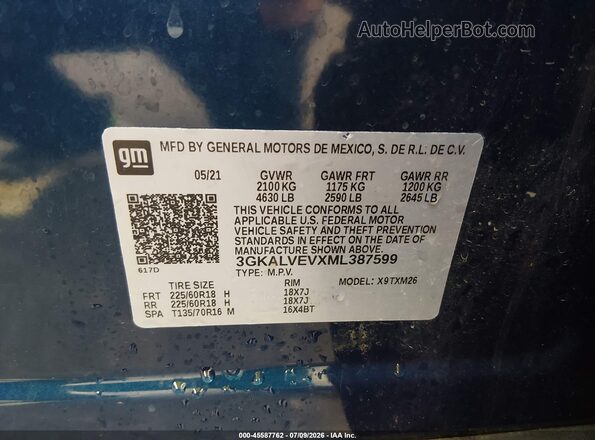 3GKALVEVXML387599 2021 GMC TERRAIN Blue Շարժիչի բաժամունքի տեսք