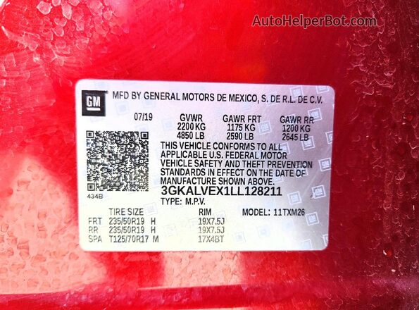 3GKALVEX1LL128211 2020 GMC TERRAIN Красный Вид наклейки с VIN-кодом