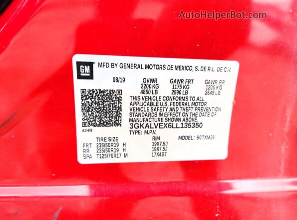 3GKALVEX6LL135350 2020 GMC TERRAIN Red VIN კოდის სტიკერის ხედი