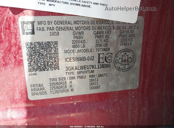 3GKALWEU7KL138090 2019 GMC TERRAIN Red Engine compartment view