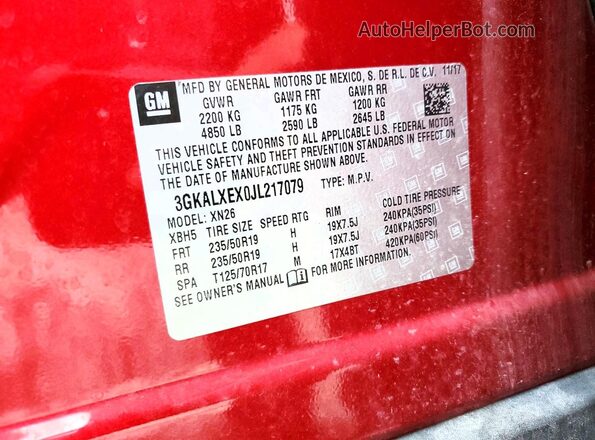 3GKALXEX0JL217079 2018 GMC TERRAIN Red VIN կոդի պիտակի տեսք