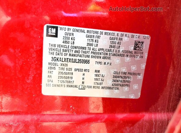3GKALXEX0JL260966 2018 GMC TERRAIN Red VIN კოდის სტიკერის ხედი