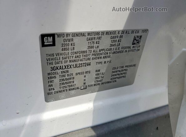 3GKALXEX1JL237244 2018 GMC TERRAIN White VIN կոդի պիտակի տեսք