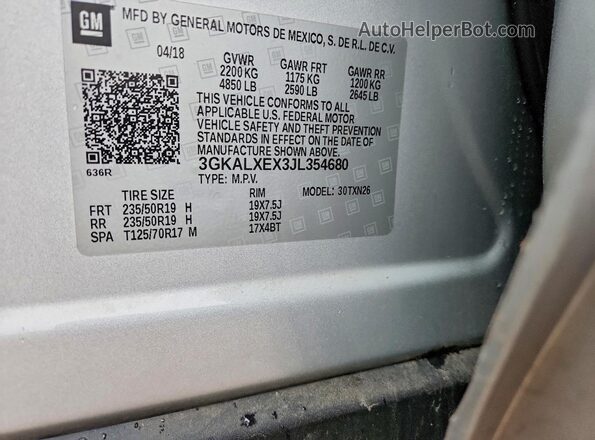3GKALXEX3JL354680 2018 GMC TERRAIN Silver Вид наклейки з VIN-кодом