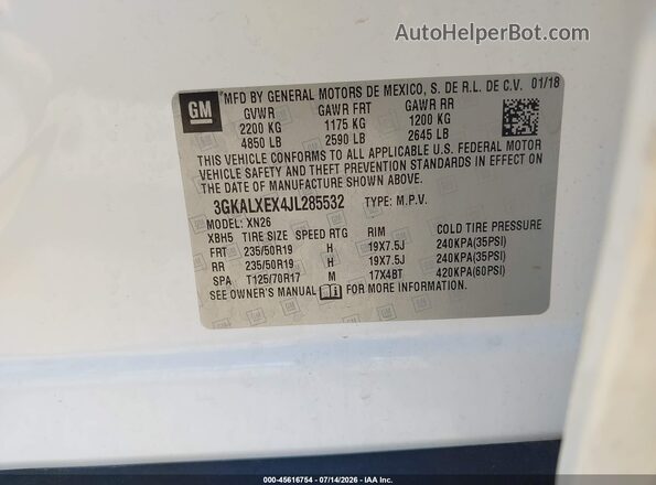 3GKALXEX4JL285532 2018 GMC TERRAIN White Вид підкапотного простору