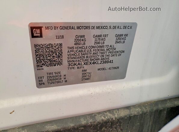 3GKALXEX4KL238941 2019 GMC TERRAIN White Widok naklejki z numerem VIN