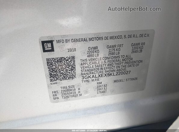 3GKALXEX5KL220027 2019 GMC TERRAIN Silver Շարժիչի բաժամունքի տեսք