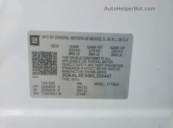 3GKALXEX6KL310447 2019 GMC TERRAIN White VIN კოდის სტიკერის ხედი