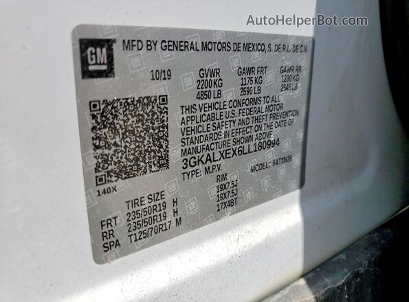 3GKALXEX6LL180994 2020 GMC TERRAIN White VIN კოდის სტიკერის ხედი