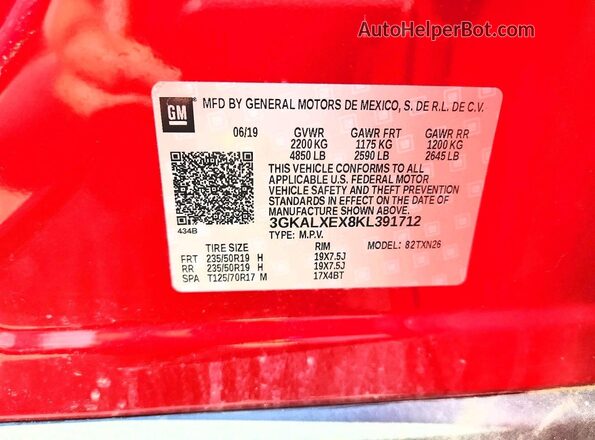 3GKALXEX8KL391712 2019 GMC TERRAIN Red Widok naklejki z numerem VIN