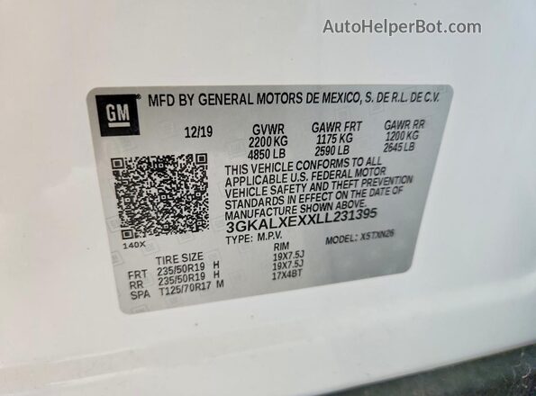 3GKALXEXXLL231395 2020 GMC TERRAIN White Вид наклейки з VIN-кодом