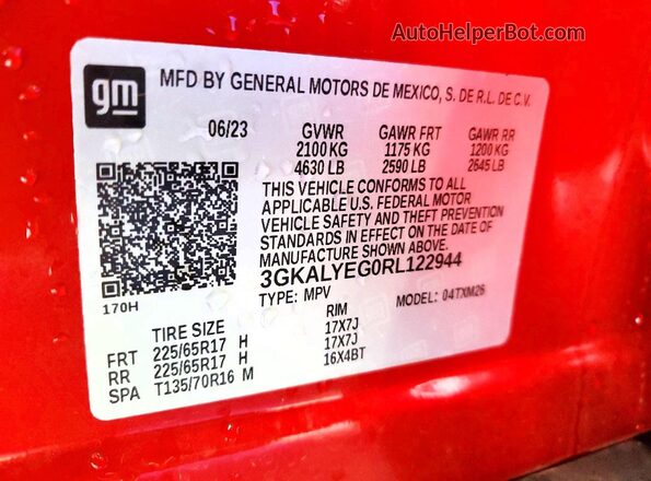 3GKALYEG0RL122944 2024 GMC TERRAIN Red VIN კოდის სტიკერის ხედი
