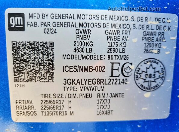 3GKALYEG8RL272140 2024 GMC TERRAIN Blue Вид наклейки з VIN-кодом