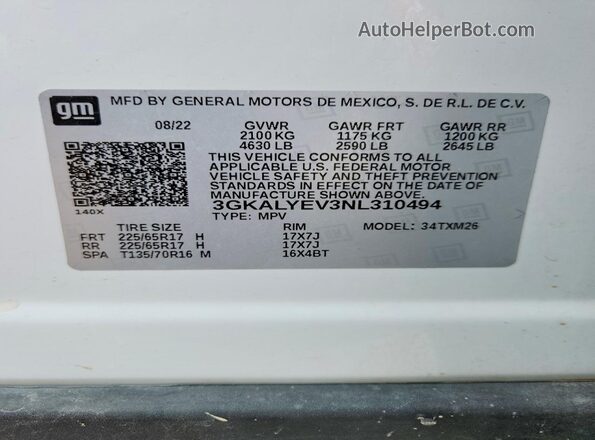 3GKALYEV3NL310494 2022 GMC TERRAIN White Вид наклейки з VIN-кодом