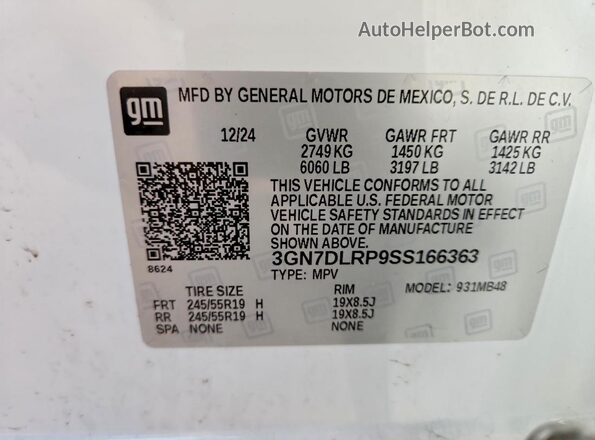 3GN7DLRP9SS166363 2025 CHEVROLET EQUINOX Белый Вид наклейки с VIN-кодом