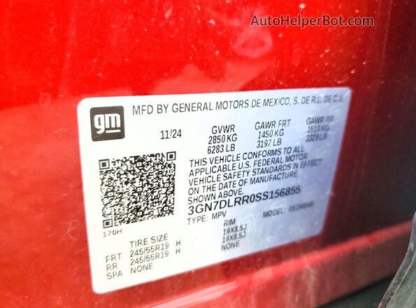 3GN7DLRR0SS156855 2025 CHEVROLET EQUINOX Red Vista de la etiqueta del VIN